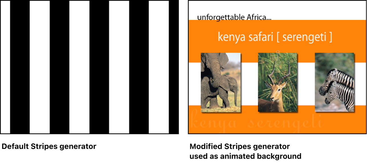 キャンバスに、「ストライプ」ジェネレータが単独で、およびコンポジションの一部に使用されたものが表示されています