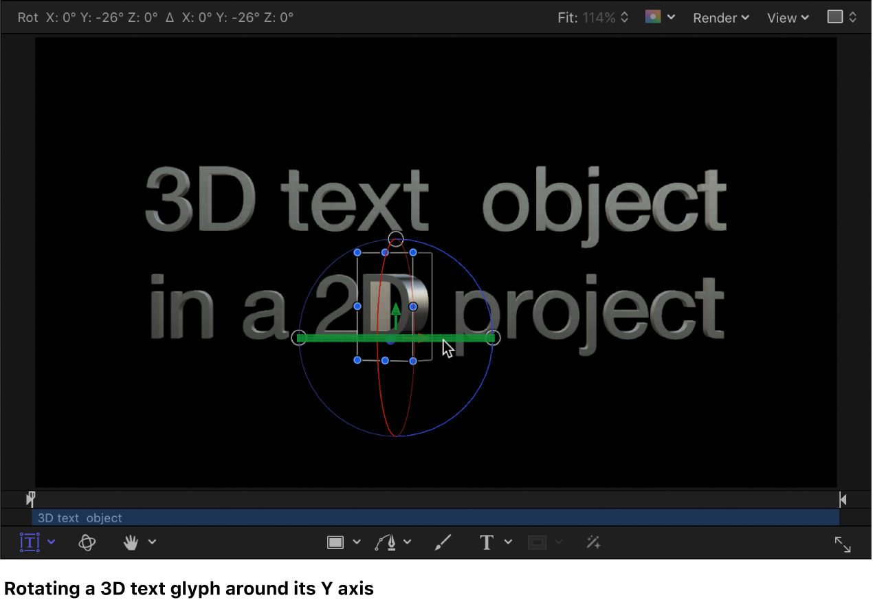 キャンバスで3DテキストグリフをX軸に沿って回転させています