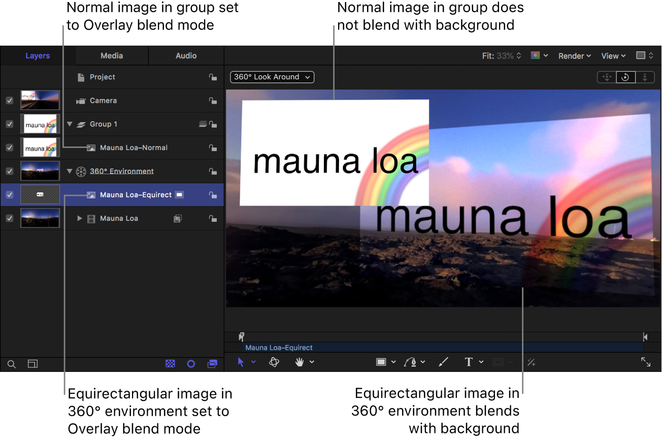 グループ内のイメージに影響を及ぼしていない「加算」ブレンドモードと、360°環境内のイメージに適切に適用されている「加算」ブレンドモードが表示されたキャンバス