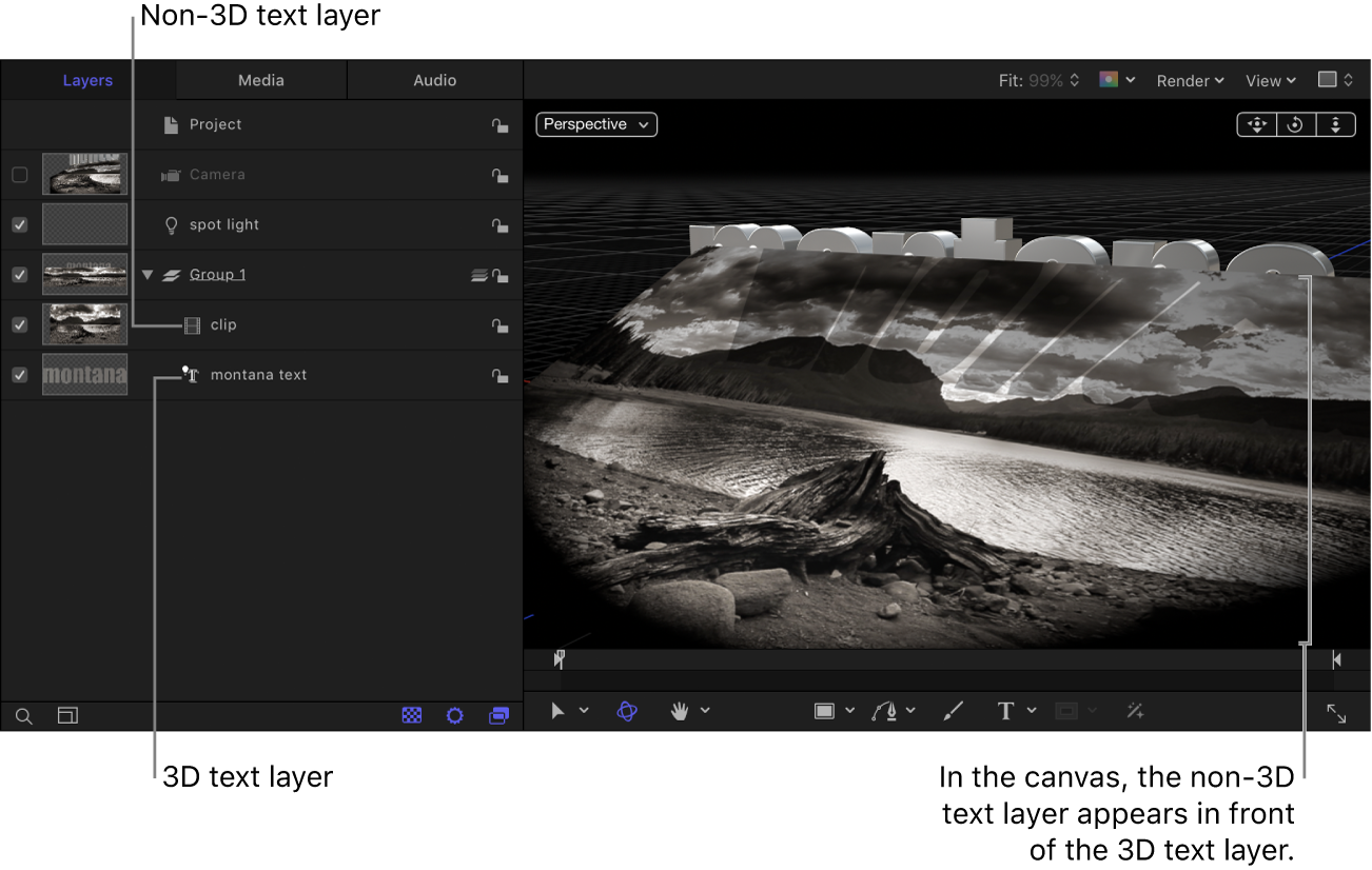 레이어 목록에서 비3D 텍스트 레이어 아래의 3D 텍스트 레이어. 3D 텍스트 레이어가 캔버스의 3D 텍스트 레이어 앞에 나타납니다.