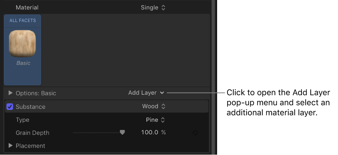 재료 추가 레이어 팝업 메뉴를 보여주는 3D 텍스트 인스펙터