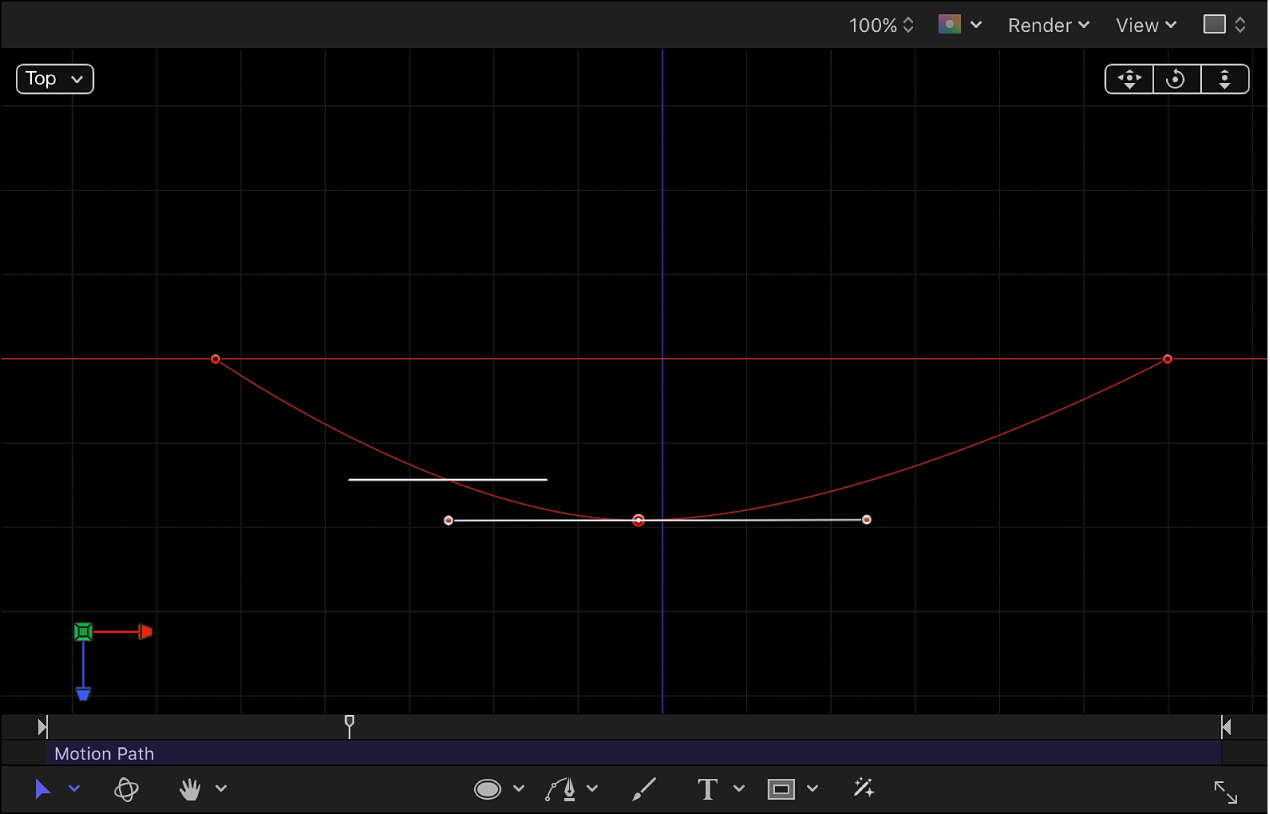 3D 공간에서 조작된 모션 경로를 보여주는 캔버스