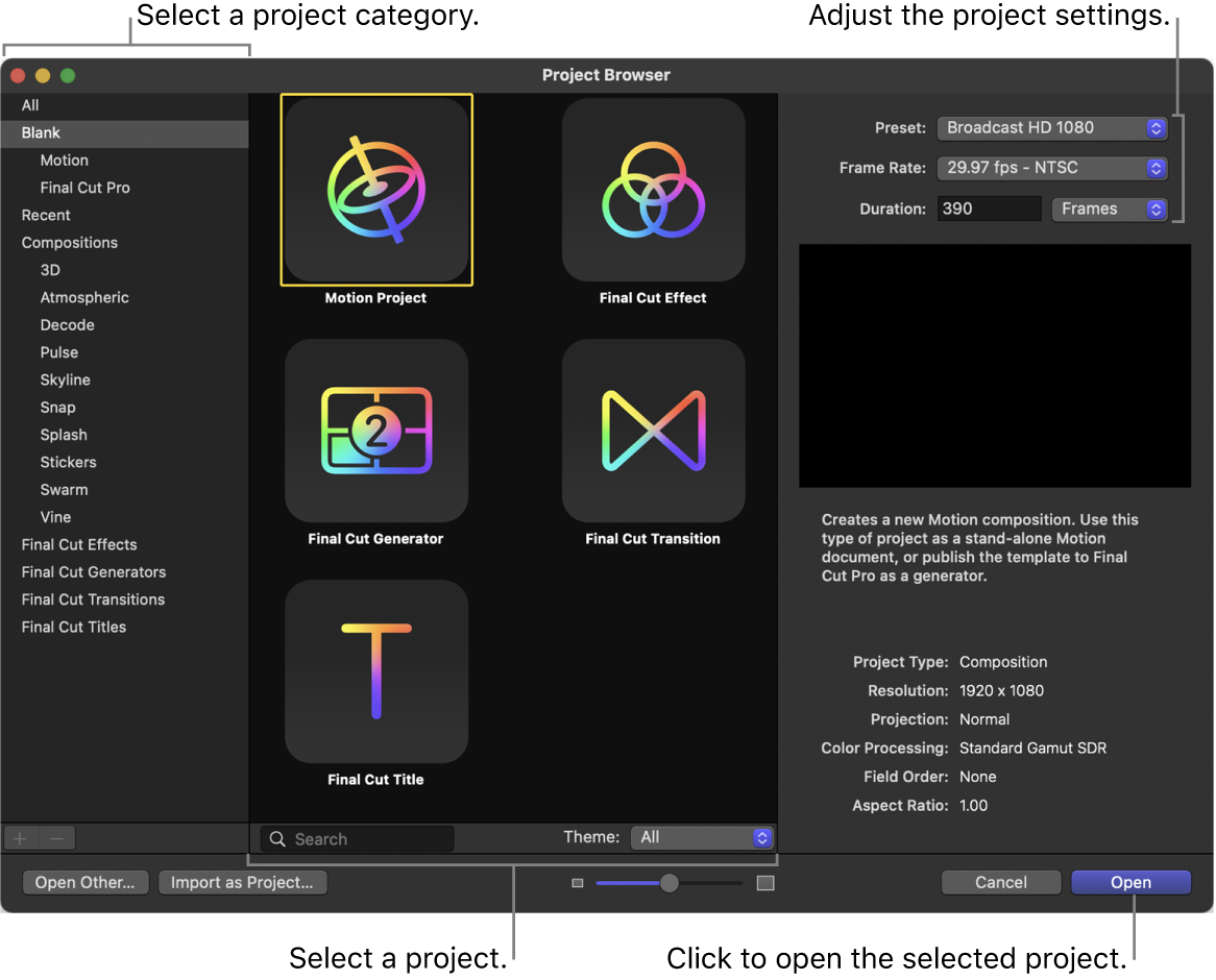 카테고리 및 프로젝트 선택, 프로젝트 설정, 열기 버튼이 표시된 프로젝트 브라우저