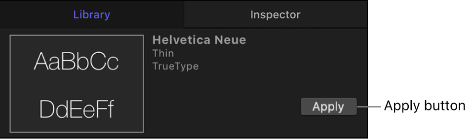 显示所选字体的“应用”按钮的资源库预览区域