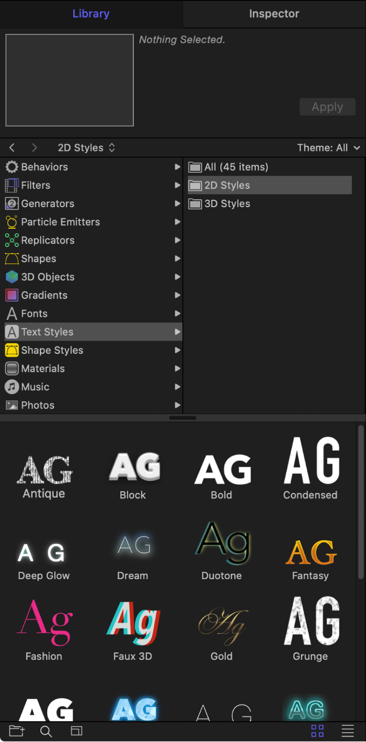 显示所选“2D 文本样式”文件夹的资源库