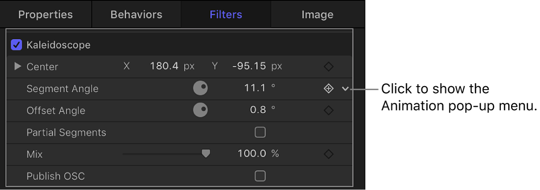 表示“动画”菜单的向下小箭头