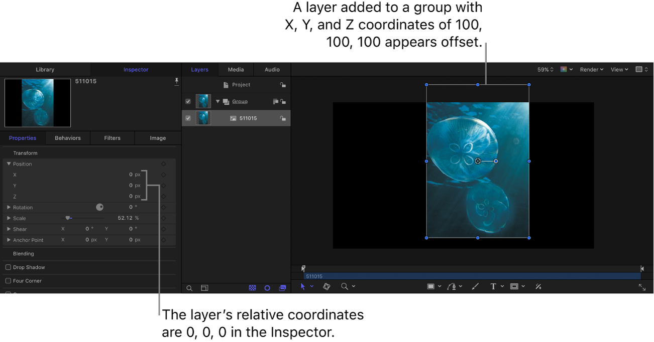 显示置于群组中 X、Y、Z 坐标 100, 100, 100 的层的画布和属性检查器；但是，该层的坐标为 0, 0, 0。