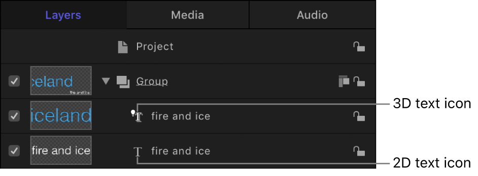 显示 3D 文本图标的层列表
