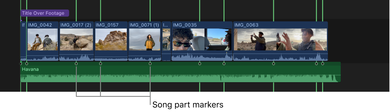 Die Timeline, die vergrößert angezeigt wird, mit Songteilen, die durch leere Punkte auf einem Musikclip und vertikale grüne Linien im Beat-Raster angezeigt werden