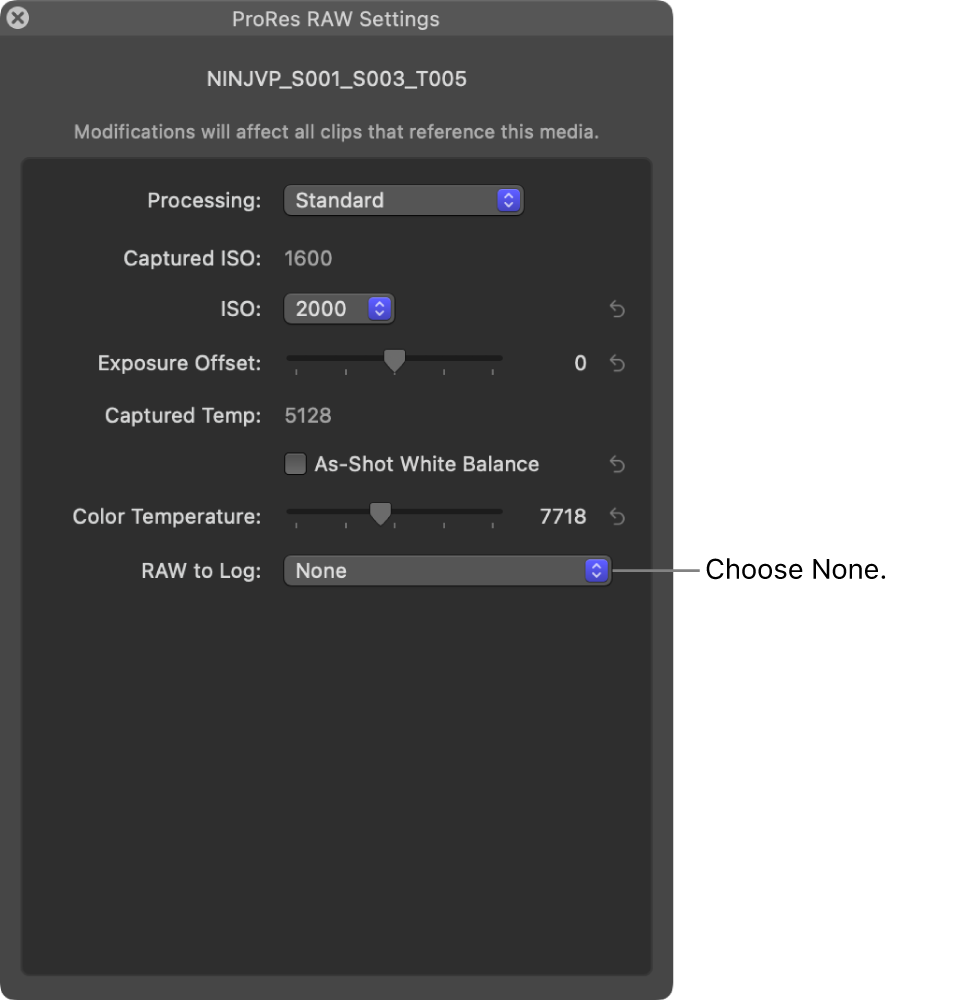 The ProRes RAW Settings window with RAW to Log set to None