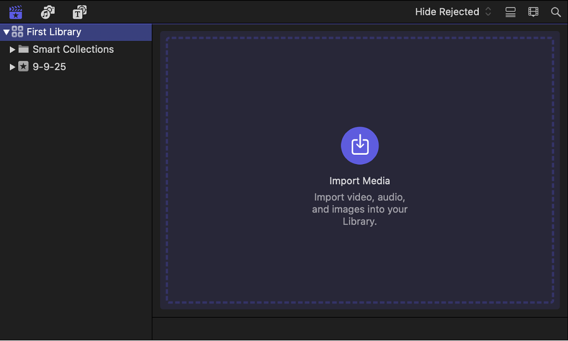 The Libraries sidebar with a library and one event, and the browser with the Import Media button