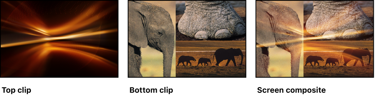 An example of Screen blending, showing two source images and the resulting blended image