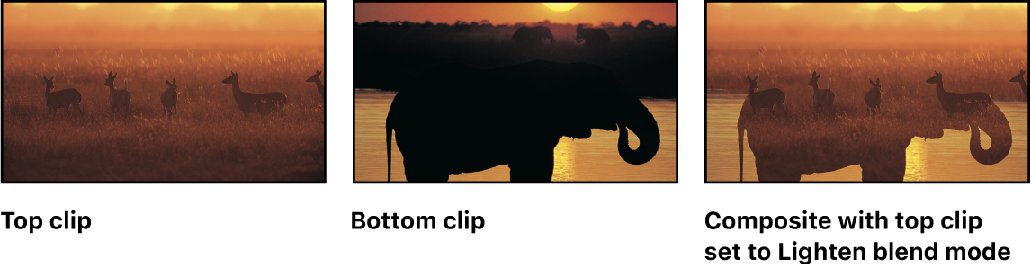 An example of Lighten blending, showing two source images and the resulting blended image