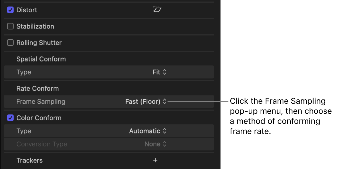 The Frame Sampling pop-up menu in the Rate Conform section of the Video inspector