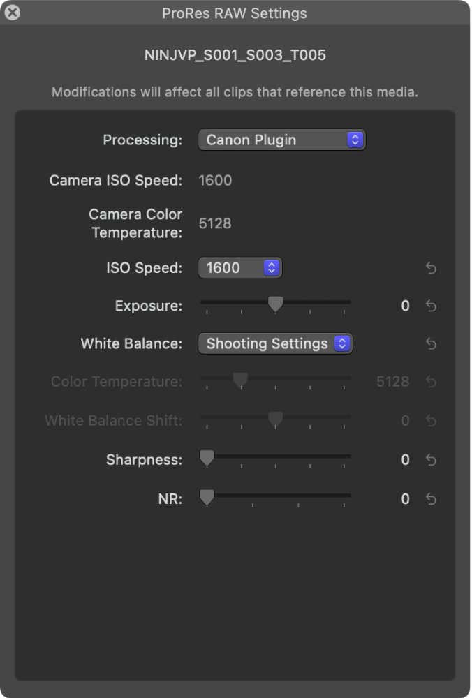 The ProRes RAW Settings window, showing settings for a camera manufacturer plug-in
