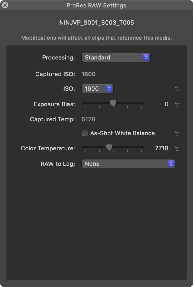The ProRes RAW Settings window, showing settings for the Standard conversion option