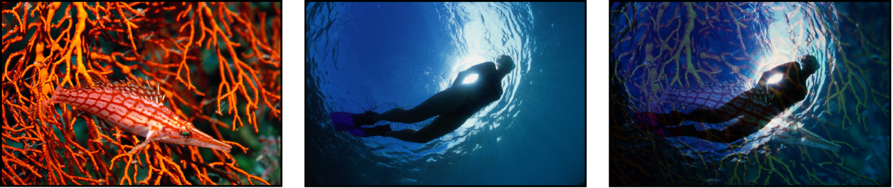 An example of Soft Light blending, showing two source images and the resulting blended image