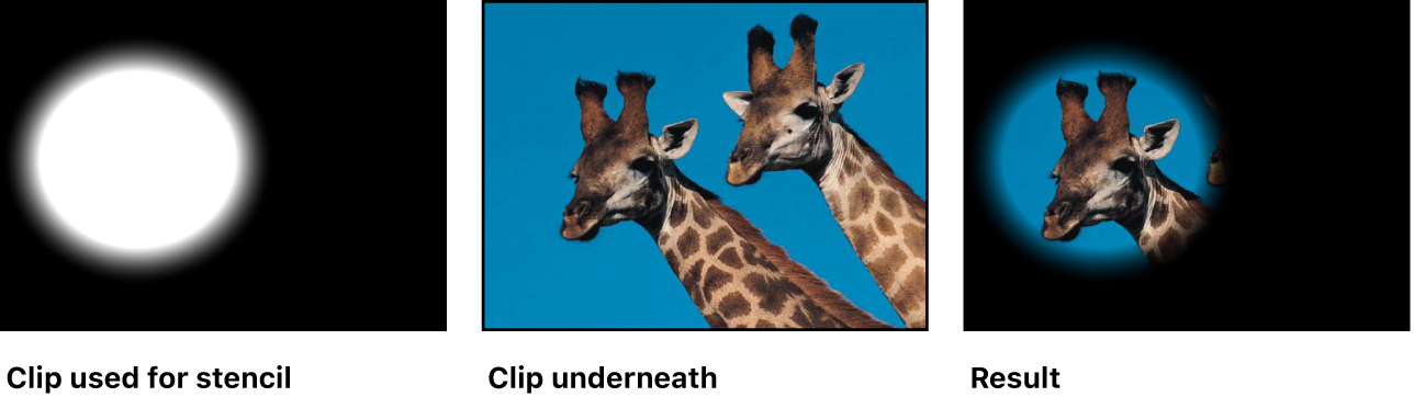 Un ejemplo del modo de mezcla “Esténcil alfa”, que muestra el clip del canal alfa usado como esténcil, la imagen situada debajo y la imagen resultante de la mezcla