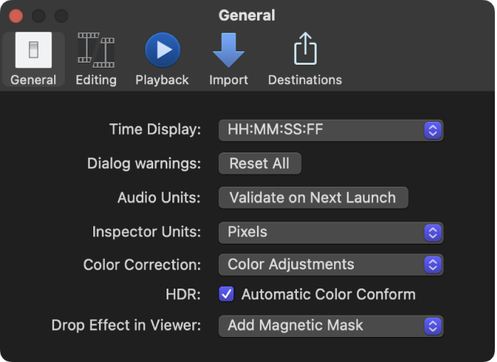 El panel General de la ventana Ajustes de Final Cut Pro