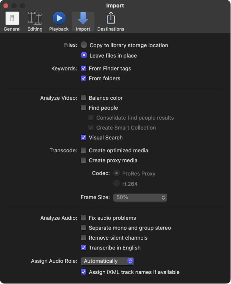 El panel Importación de la ventana Ajustes de Final Cut Pro