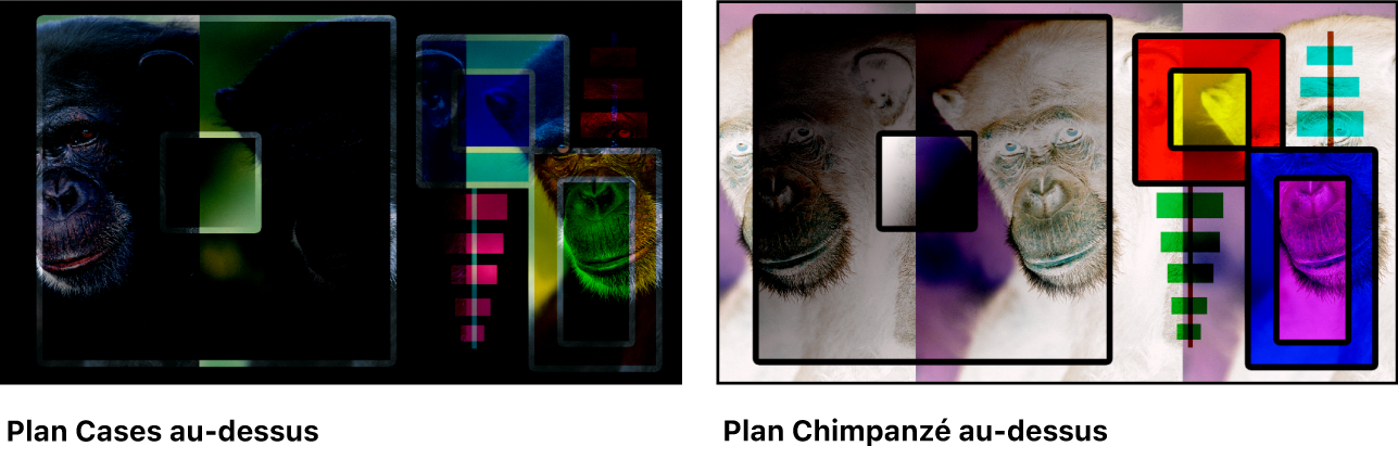 Deux versions des images de boîtes et de chimpanzé fusionnées à l’aide du mode de fusion Soustraire, l’une montrant le plan de boîtes au-dessus et l’autre montrant le plan de chimpanzé au-dessus