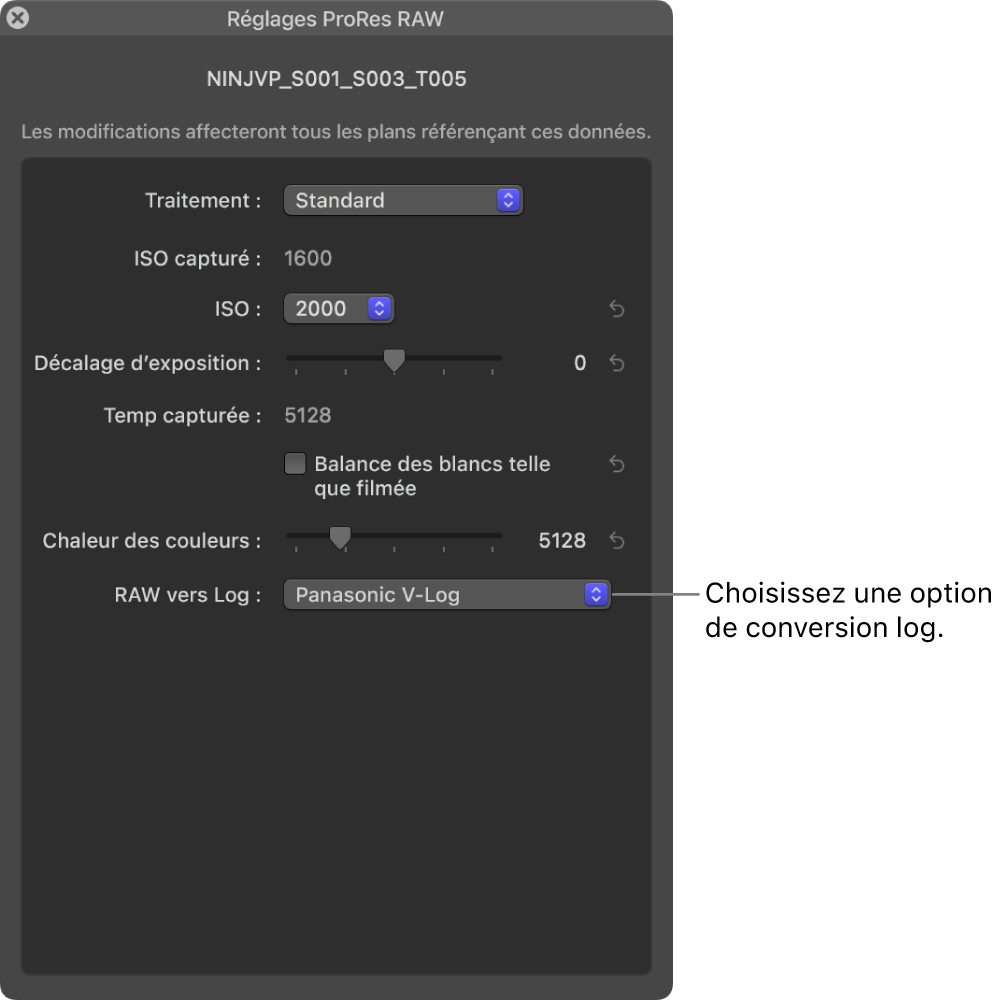 Fenêtre « Réglages ProRes RAW » montrant le menu local « RAW vers log »