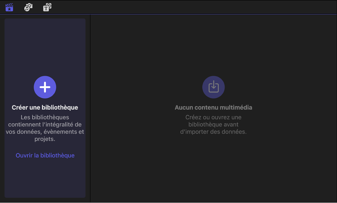 Barre latérale Bibliothèques vide et navigateur estompé sans données