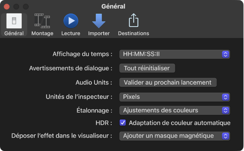 Sous-fenêtre Général de la fenêtre Réglages de Final Cut Pro