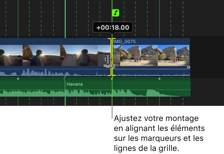 Timeline affichant un montage Roll en cours d’alignement sur un temps de la grille des temps