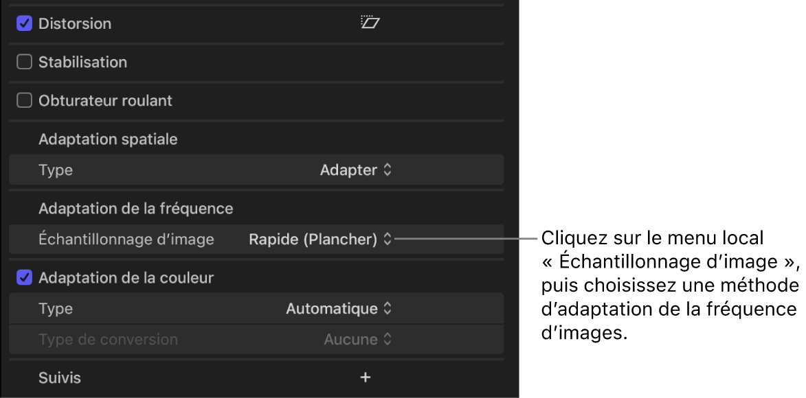 Le menu local « Échantillonnage d’image » dans la section « Adaptation de la fréquence » de l’inspecteur vidéo