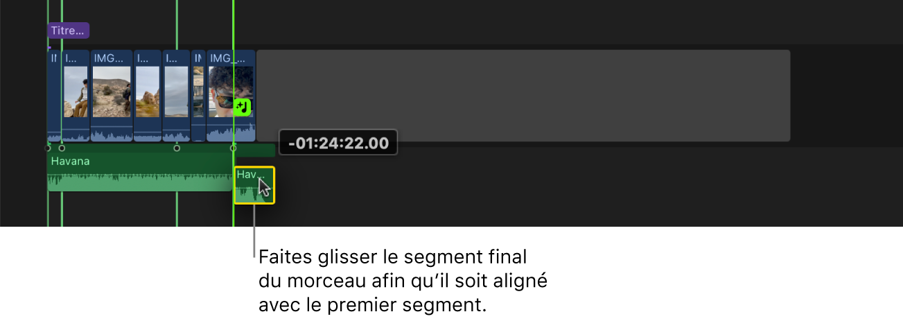 Timeline affichant le segment de fin du plan musical en cours de glissement vers le premier segment pour combler le blanc
