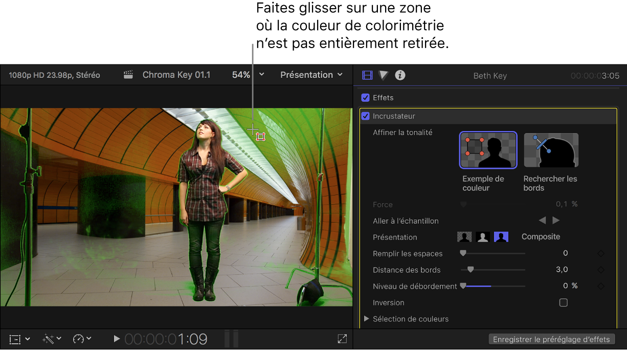 Utilisation de l’outil Exemple de couleur dans le visualiseur pour « nettoyer » l’incrustation chromatique