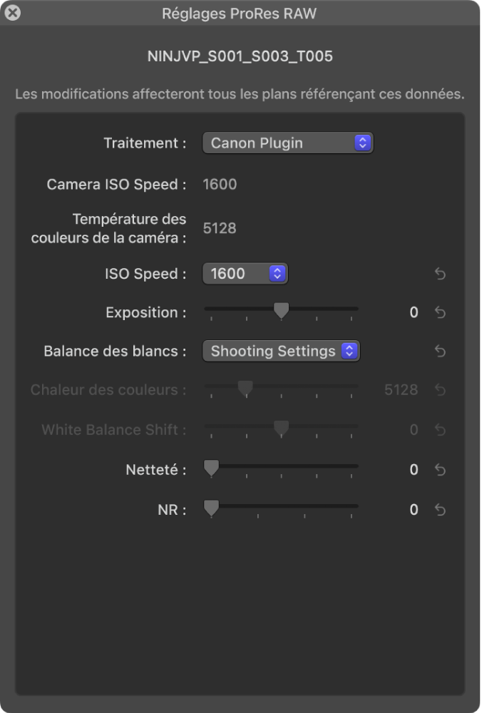 Fenêtre des réglages ProRes RAW affichant les réglages d’un module de fabricant de caméra