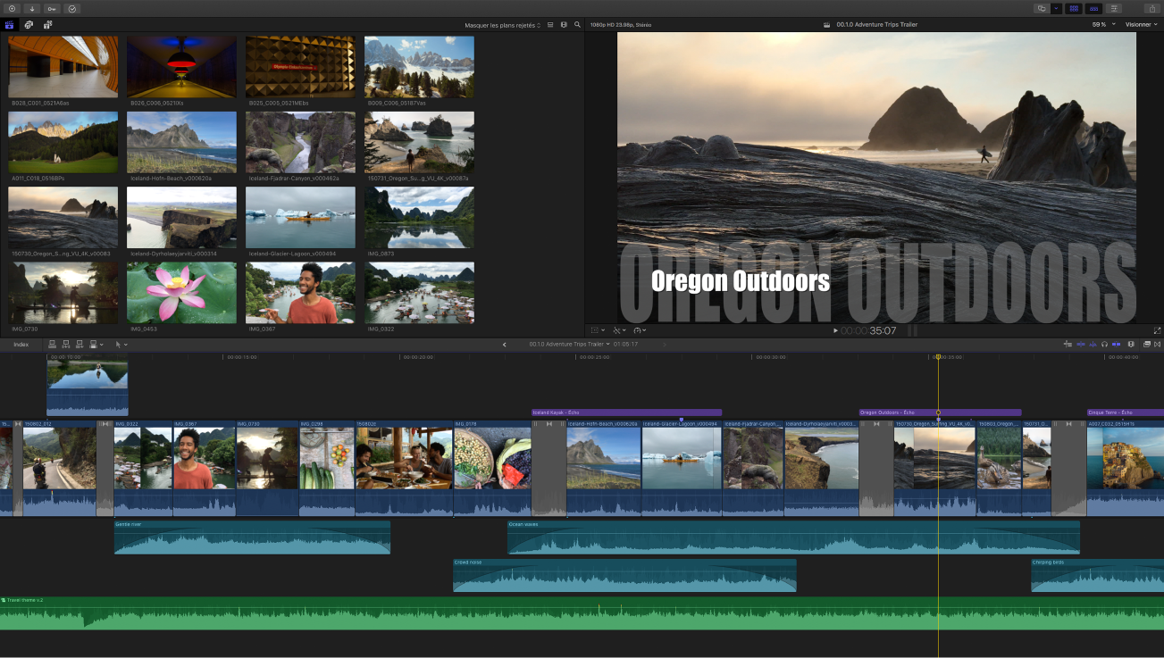 Fenêtre de Final&nbsp;Cut&nbsp;Pro affichant le navigateur, le visualiseur et la timeline