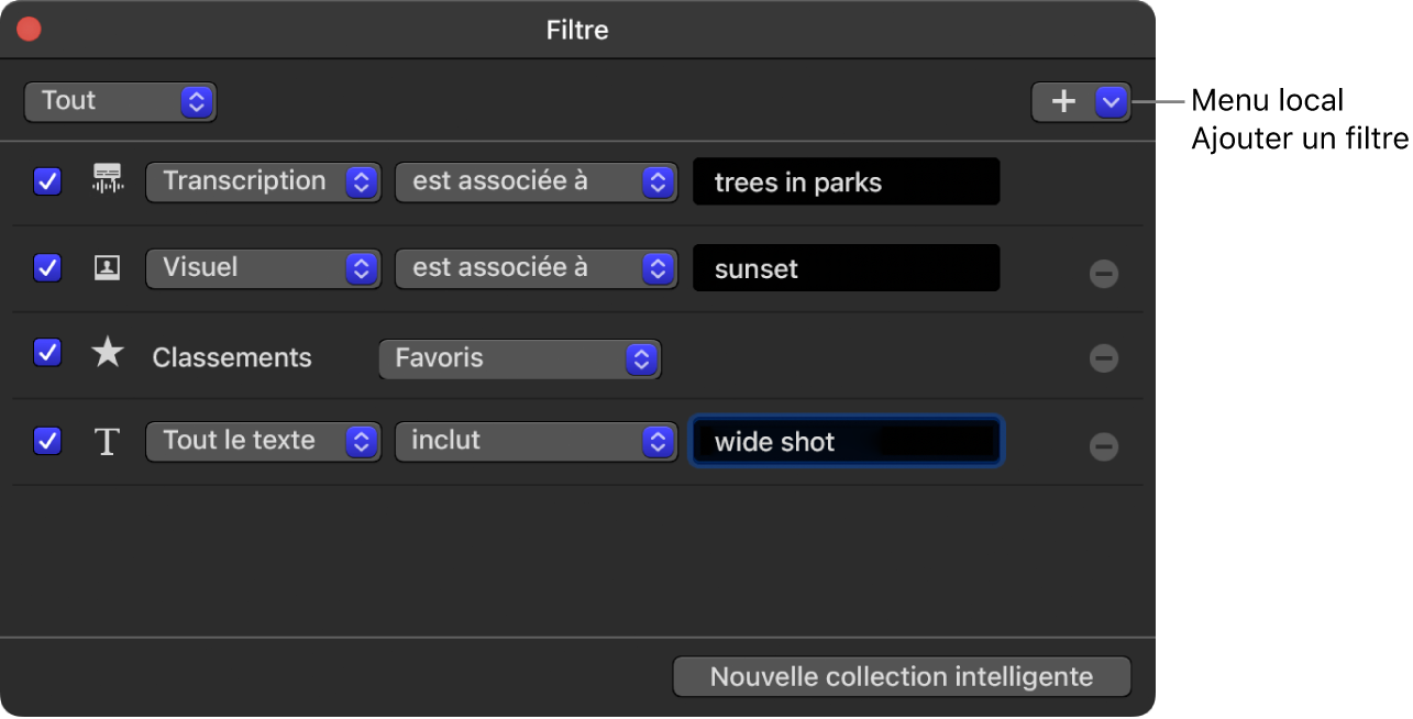 Menu local Ajouter filtre dans la fenêtre Filtre