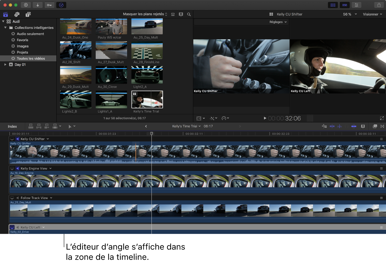 Fenêtre de Final Cut Pro avec l’éditeur d’angles affiché dans la zone de la timeline