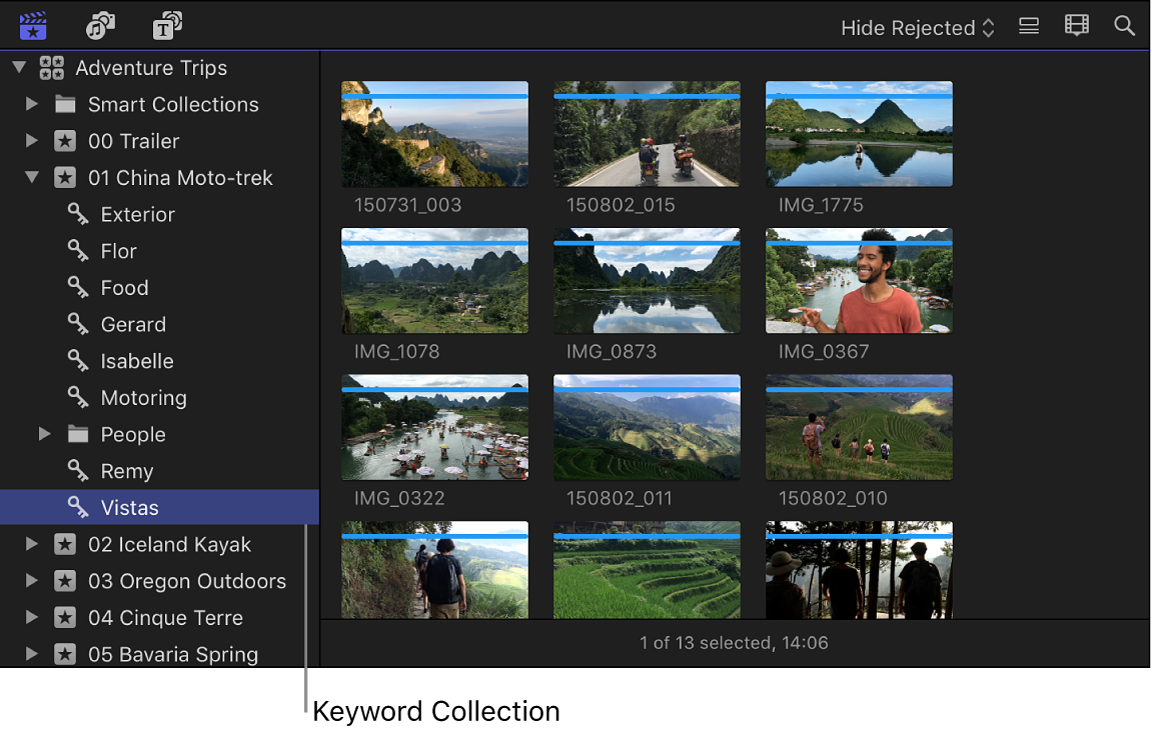 「ライブラリ」サイドバーでキーワードコレクションが選択されていて、そのクリップがブラウザに表示されている