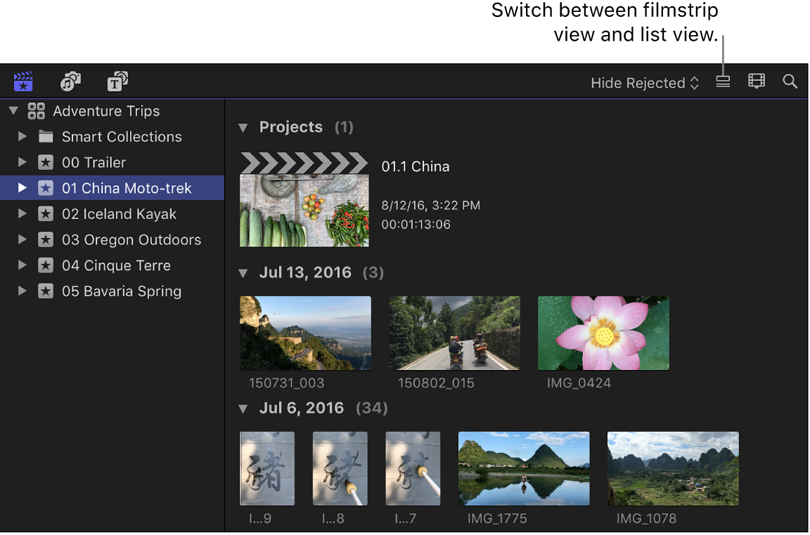 フィルムストリップ表示のブラウザ。右上隅にリスト表示に切り替えるためのボタンが表示されています