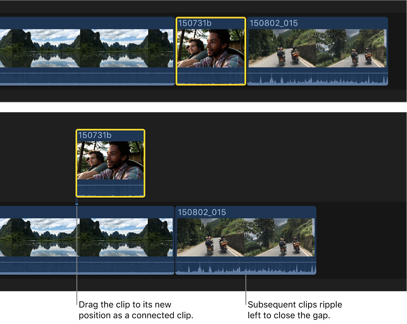 接続されたクリップとして基本ストーリーラインから新しい位置にドラッグされているタイムライン内のクリップ。基本ストーリーライン内の後続のクリップが、ギャップを埋めるために左にリップルしている