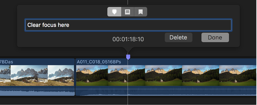 タイムラインでクリップのマーカーの上に表示されている情報