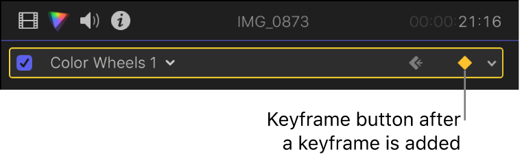 「カラー」インスペクタでオンになっている「カラーホイール」エフェクト用の「キーフレーム」ボタン