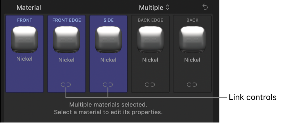 아래에 연결 제어기가 있는 측면 세 개가 선택되어 있음을 보여주는 텍스트 인스펙터 재료 섹션