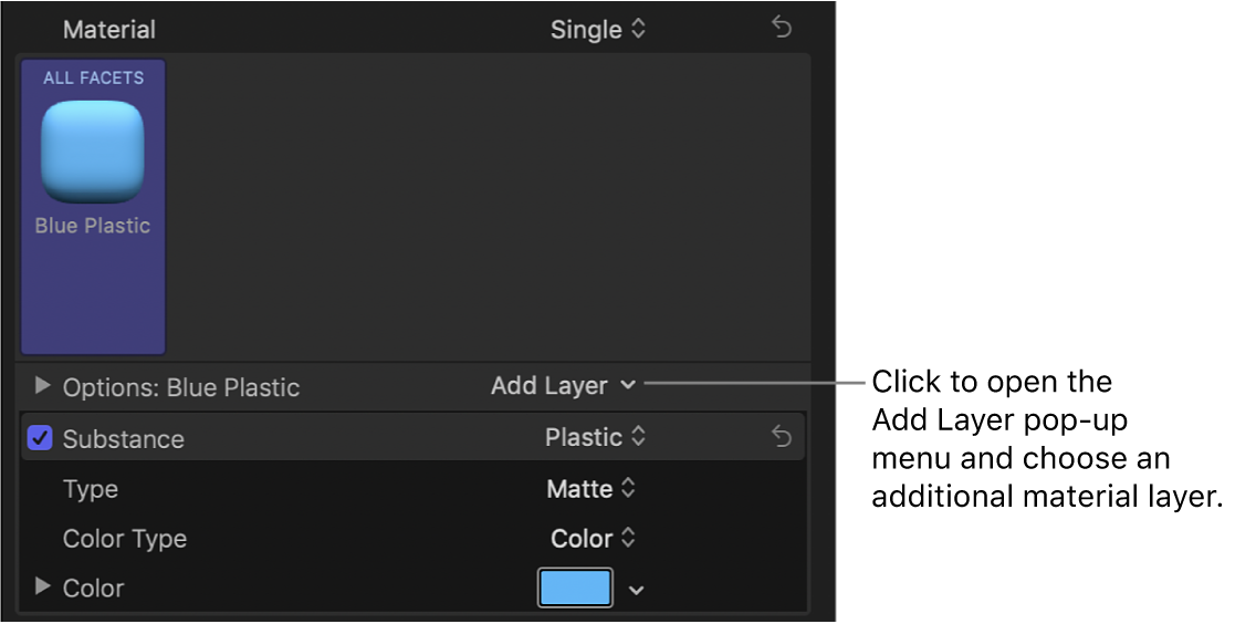 파란색 플라스틱이 선택된 텍스트 인스펙터 재료 섹션의 레이어 추가 팝업 메뉴