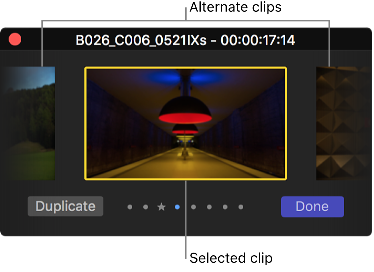주위에 얼터네이트가 있는 선택된 클립을 보여주는 오디션 윈도우