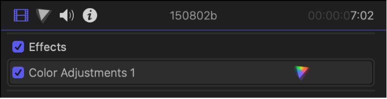 视频检查器的“效果”部分中的“颜色调整”效果