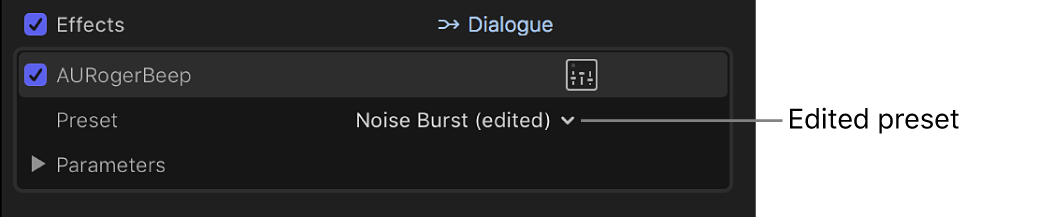 音频检查器的“效果”部分,显示已编辑的效果预置