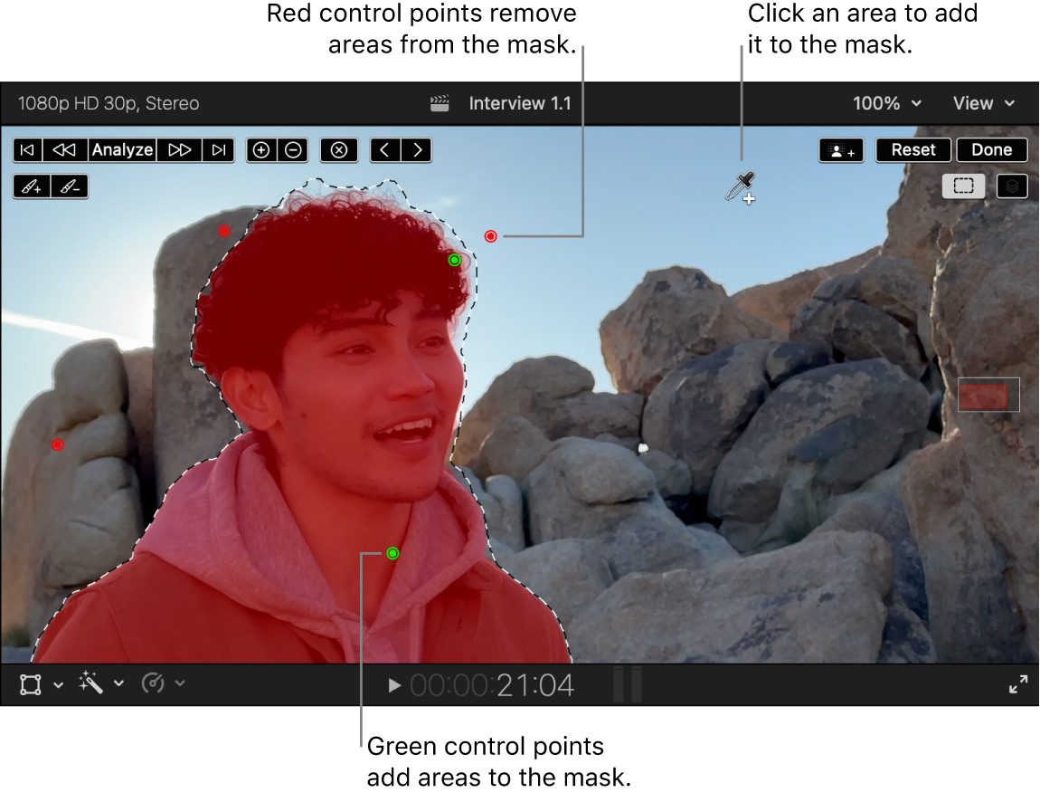 显示磁性蒙版应用到前景人物的检视器。“添加”滴管活跃中，绿色和红色控制点指示在蒙版中添加或移除的区域。