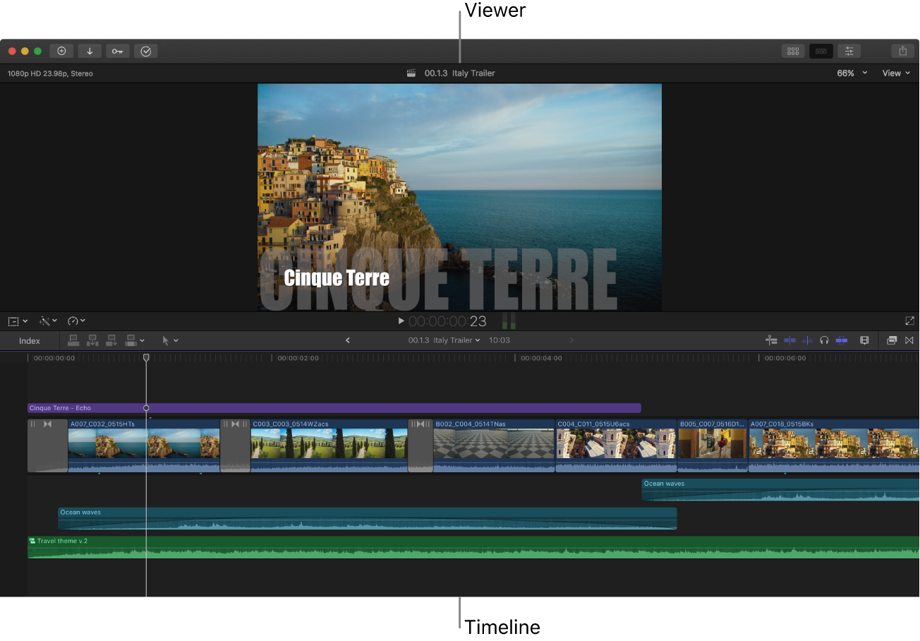 仅显示了检视器和时间线的 Final Cut Pro 窗口