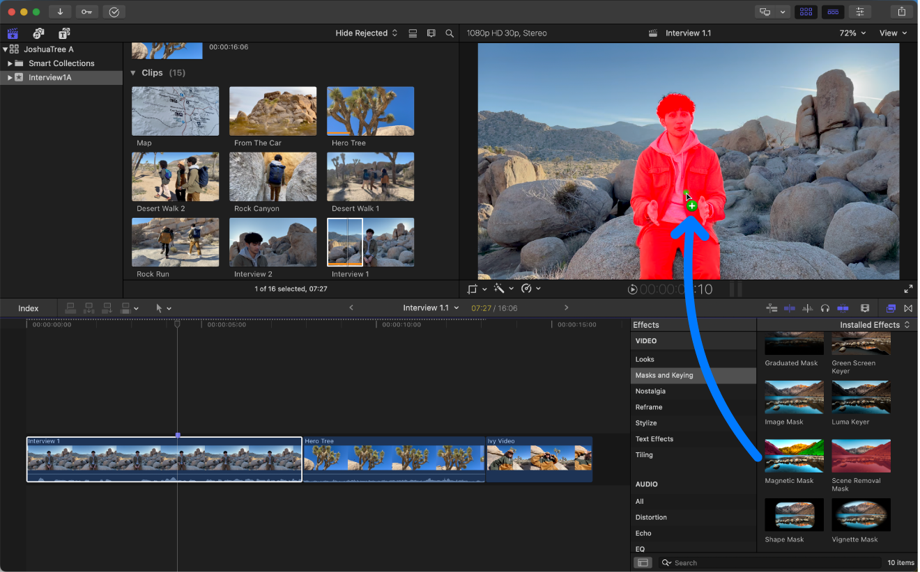 “磁性蒙版”效果正被从效果浏览器拖到检视器中的前景人物。拖移效果时,此人变为高亮标记,显示要应用磁性蒙版的位置。