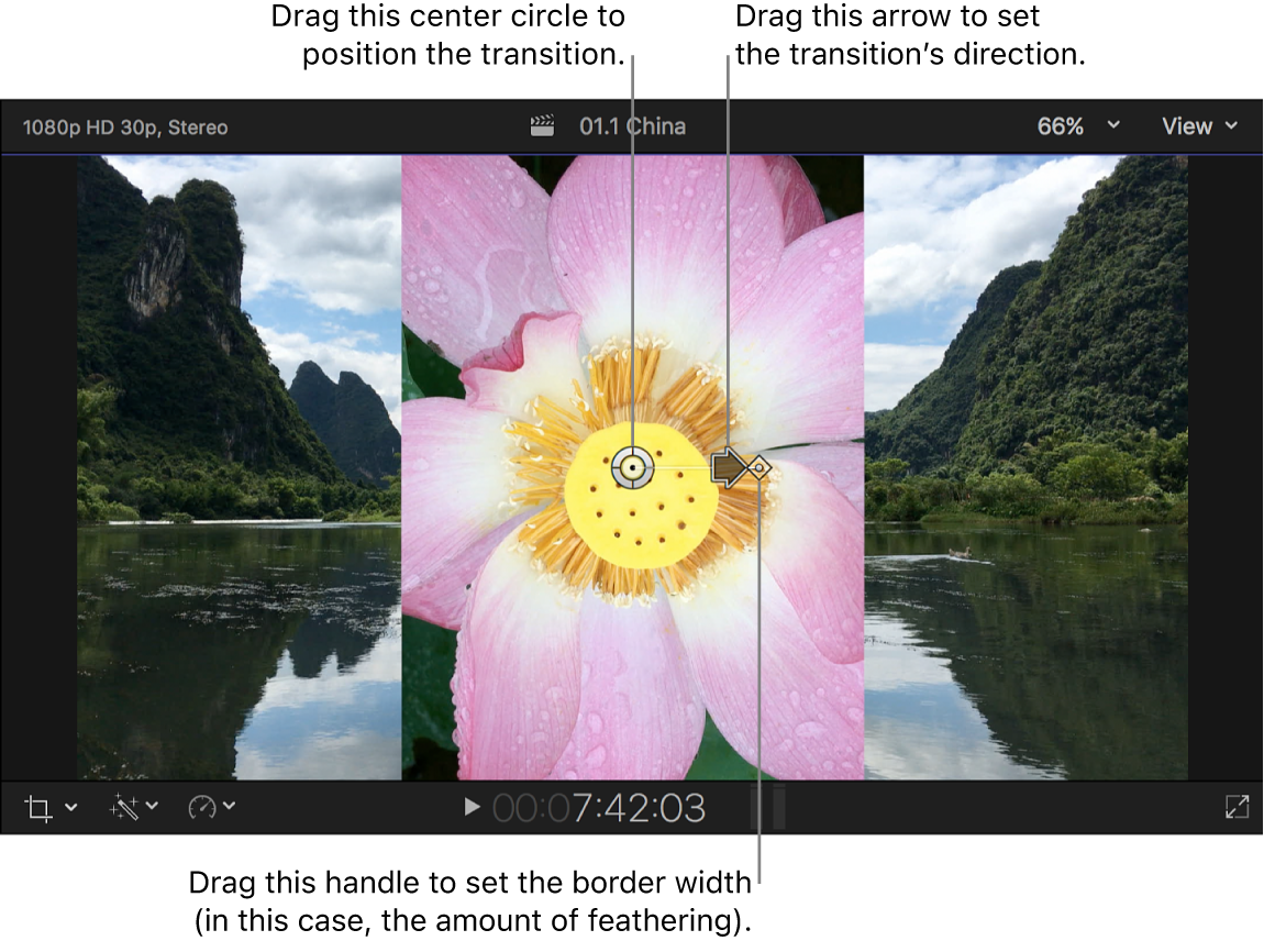 显示“中心”转场屏幕控制的检视器